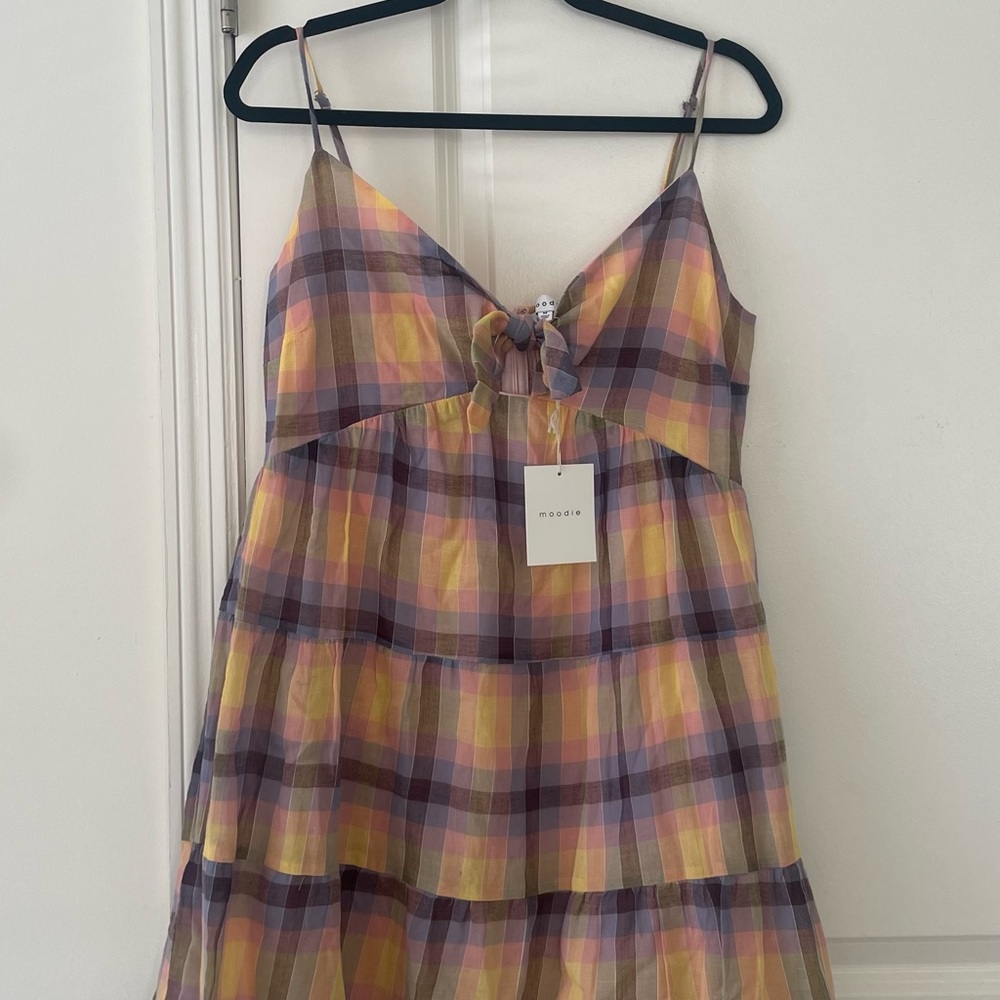 MOODIE Plaid Cotton Mini Dress.  NWT. Size Medium.  Fully Lined.  Thin Straps.